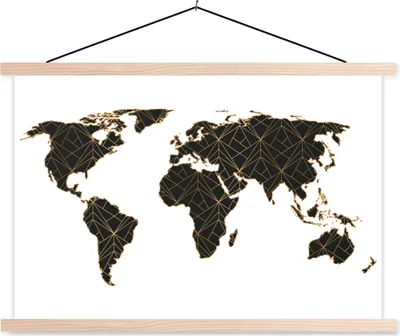 Produktbild von MuchoWow® Textilposter Weltkarte - Schwarz - Gold - Kinder - Jungen - Mädchen 60x40 cm mit holzfarbenen Rahmen - Bilder