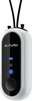 A white personal air purifier necklace is shown against a white background.