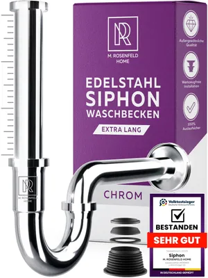 Produktbild von M. ROSENFELD HOME Siphon Waschbecken – Universal Röhrensiphon 1 1/4" für Waschtisch im Bad, Geruchsverschluss mit Abflussrohr, Komplettset mit Dichtungen & Rosette