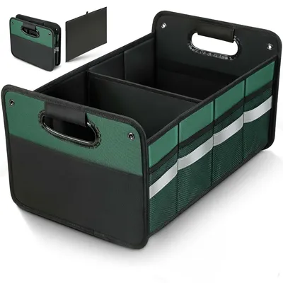 Produktbild von Faltbarer Auto Organizer 65L,Kofferraumbox mit Deckel, Klett, Griffe, Oxford Gewebe,Kofferraumtasche Auto für SUV, LKW, Limousine,Dunkelgrün