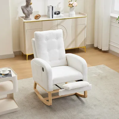 Produktbild von okwish Schaukelstuhl mit verstellbarer Fußstütze und USB, Sessel mit Seitentasche, Posterstuhl in Weiß