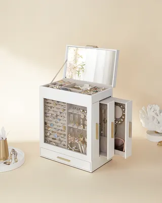 Produktbild von SONGMICS Schmuckkästchen, Schmuckkasten mit 5 Ebenen, Schmuckbox mit Glasdeckel, seitliche Schubladen, vertikale Aufbewahrung, großer Spiegel, modern, Schmuckaufbewahrung, wolkenweiß JBC162W01