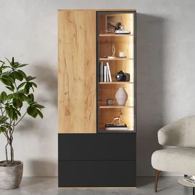 Produktbild von STILVORA Vitrinenschrank mit Glas und LED-Beleuchtung, Wohnzimmerschrank mit 2 Türen und 2 Schubladen, Standvitrine mit 6 verstellbaren Einlegeböden