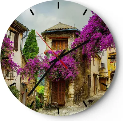 Produktbild von Wanduhr - Rund - Glasuhr - Straße Sommer Blumen - 30x30cm - Schleichendes Uhrwerk - Lautlos - zum Aufhängen bereit - Dekoration Modern - Wanddekoration aus Glas - C3AR30x30-3589