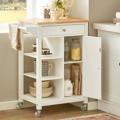 Immagine prodotto di Carrello di servizio/carrello da cucina - 1 porta - 1 cassetto - 3 ripiani - 68 x 40 x 86 cm - Montaggio necessario - Bianco