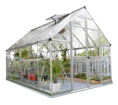 A greenhouse filled with plants, shown against a white background.