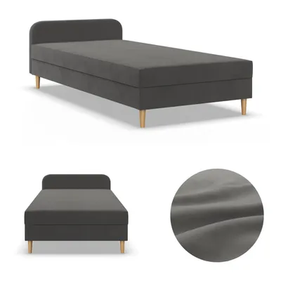 Produktbild von Einzelbett 120x200, Kontinentales Bett mit Kopfteil, Bett mit Matratze, Jugendbett, Kinderbett, Veloursbett, Samtstoff Grau Dunkelgrau CASPE 120 x 200