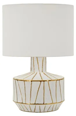 Image de Lampe De Table Moderne Tangeri - Pied Cylindrique En Céramique Dorée Et Blanche, Abat-Jour En Tissu, Douille E27 - 40 X 40 X 60 Cm