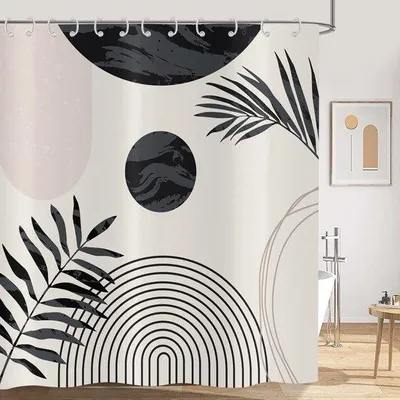 Produktbild von Unyqoos® moderner Boho-Duschvorhang in Schwarz-Weiß mit abstrakten geometrischen Mustern