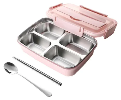 Produktbild von Lunchbox aus Edelstahl mit 3/4 Fächern, auslaufsicher, Bento-Box mit Essstäbchen, Löffel und Handyhalterung