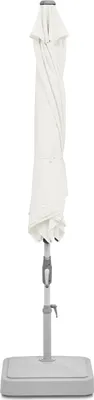 A closed white patio umbrella with a gray pole and a gray base, isolated on a white background.