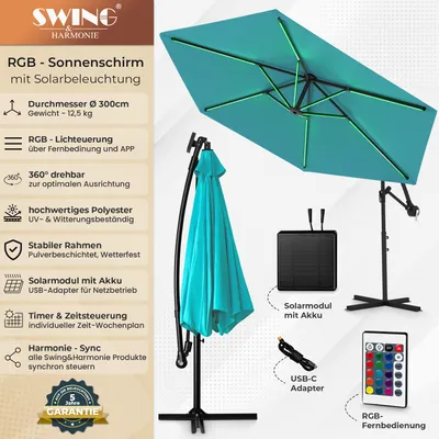 Produktbild von Luxus LED Sonnenschirm mit RGB Beleuchtung inkl. Fernbedienung, APP Steuerung, Ampelschirm, Garten Schirm 300 cm - anthrazit
