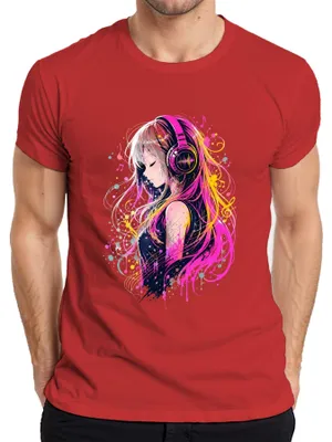 Zdjęcie produktu dla Słuchawki z motywem anime, dziewczęcym designem, muzyką, kolorami, w stylu kawaii, inspirowane mangą, dla fanów anime (otaku), akwarela, męska koszulka, czerwona, rozmiar S