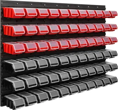 Immagine prodotto di Sistema di stoccaggio Scaffale da officina | 117 x 78 cm | 66 pezzi. Scatola | Scaffale a muro con contenitori impilabili - Pannelli a muro Scaffale extra resistente Scaffale portautensili Scaffale da magazzino Scaffale da garage