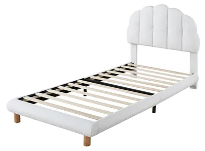 Image de Lit pour bébé fille - Lit simple 90x200 cm - Lit rembourré avec sommier à lattes - Tête de lit en forme de nuage - Lit princesse en velours - Blanc, sans matelas