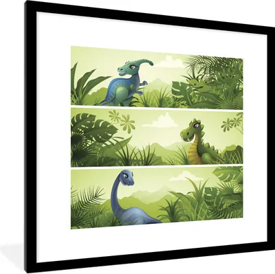 Produktbild von Poster mit Rahmen - Dino - Wald - Zeichnung - 40x40 cm - Poster mit zchwarzem Bilderrahmen