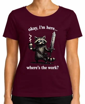 Imagen del producto de De acuerdo, estoy aquí. ¿Dónde está el producto? Camiseta para mujer, marca Waschbär Kaffee, diseño "Statement", color burdeos, talla S