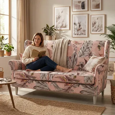 Produktbild von Schlafsofa ARI Spring – mit Bettkasten, Velours in Rosa, Family Meble, KI-generiertes Bild