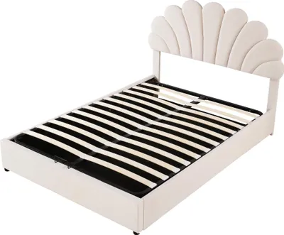 Produktbild von Merax Polsterbett 140x200cm mit Blumenform-Kopfteil und hydraulischem Stauraum, Doppelbett mit Lattenrost, Funktionsbett Kinderbett, Samt, Beige