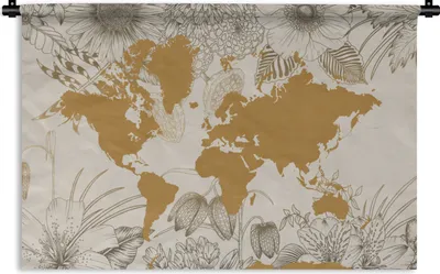 Produktbild von MuchoWow® Wandteppich Wandbehang Weltkarte - Gold - Blumen 90x60 cm Tapisserie Dekoration Wandtuch - Wandskulpturen - Bildteppich