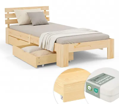 Image de Lit simple en bois 90x200 avec matelas et 2 tiroirs naturelle pin Cadre de lit en bois massif sommier à lattes