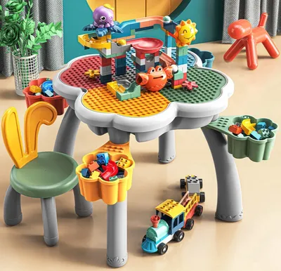 Produktbild von 7-in-1 Bautisch/Spieltisch "Blume" kompatibel mit DUPLO + 152 Bausteine + 1 Hasenstuhl + Spielzeugkisten