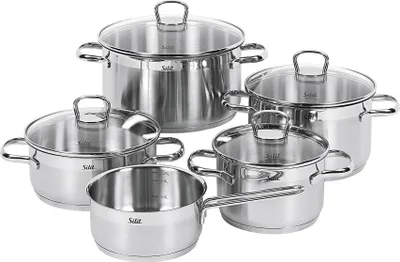 A set of five stainless steel pots with glass lids, arranged in a cluster on a white background.