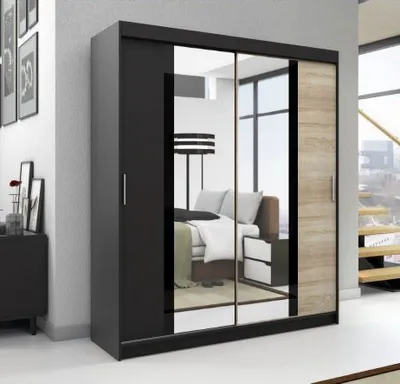 Produktbild von Schwebetürenschrank, 2-türig Schrank mit Spiegel, Kleiderschrank BRANI 120 Farbe: Schwarz / schwarz / sonoma