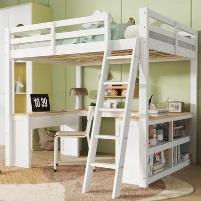 Produktbild von Flieks Etagenbett 140x200cm mit Schreibtisch und Regal, Kinderbett Doppelbett mit Rausfallschutz und Lattenrost, Stockbett mit Leiter, Weiß