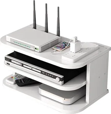 Image de Boîte de rangement pour routeur WLAN Unyqoos® – Étagère murale à 3 niveaux pour télévision/décodeur, avec gestion des câbles, en bois massif de 12 mm, blanche (JL04)