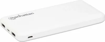 A white Manhattan power bank is shown against a white background.