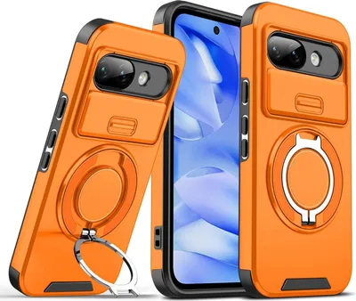 Image de Etui double couche pour Goolge Pixel 9A, avec cache coulissant pour l'appareil photo et anneau magnétique Orange