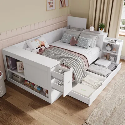 Obrázek produktu pro MODFU Multifunkční dětská postel 140×190 cm se zásuvkami, jednolůžko s úložným prostorem, rám postele s posuvným nočním stolkem, bez matrace, bílá