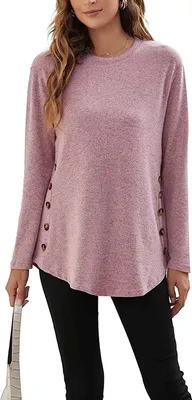 Produktbild von ASKSA Damen Langarmshirt Rundhals Knöpfe Langarm Einfarbig Lose Tunika Langarmbluse Lässig Oberteile, Rosa, 2XL