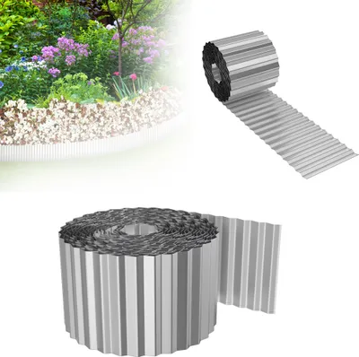 A roll of silver corrugated garden edging is shown against a white background, with a blurred image of a garden bed in the upper left corner.