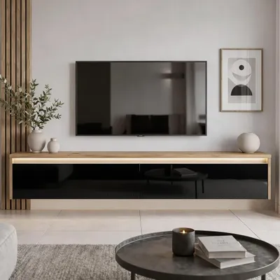 Produktbild von Modernes TV-Lowboard LUMI 170 cm Artisan Eiche / Schwarz Hochglanz - Hängender Fernsehschrank mit LED-Beleuchtung & Push-to-Open