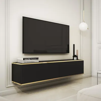 Productafbeelding van TV-kast met hangende kast FORNO, zwart, goud, glamour, Art Deco stijl, 135 cm