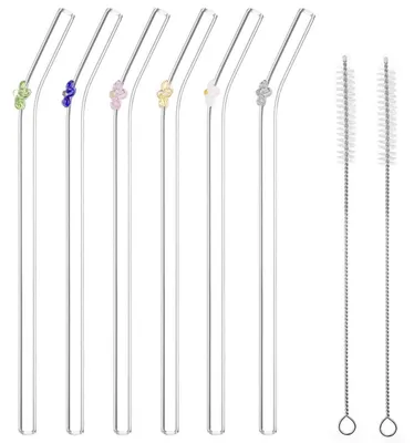 Produktbild von Glasstrohhalme Gebogen Wiederverwendbar mit Reinigungsbürsten 6 Stück Blumenmuster