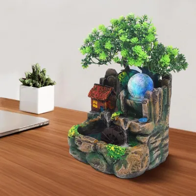 Produktbild von Tischbrunnen - Wasserfall Felslandschaft aus Polyresin - LED-Beleuchtung - Nebel-Zerstäuber - Für Zuhause & Büro - 18,5 x 14,2 x 20 cm - Moderner Stil
