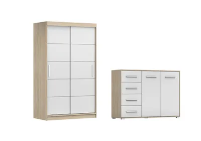Produktbild von 2er-Set Schwebetürenschrank Schrank Kleiderschrank Sonoma/Weiß 120cm Neomi 06 mit Kommode 135cm FRIDA 01