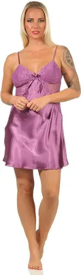 Produktbild von Damen Negligé Satin Nachtkleid Reizwäsche mit Spitze; Heide/M