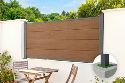 Produktbild von 8 m hoher Verbundzaun aus Stockhornholz (H, 90 cm) auf Teakholzplatte