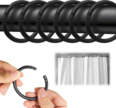 Produktbild von Duschvorhangringe 24 Stück, schwarz, universelle Befestigung, für Duschvorhangstangen 2-4 cm