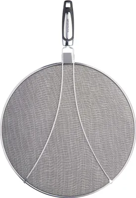 A splatter screen with a handle, isolated on a white background.