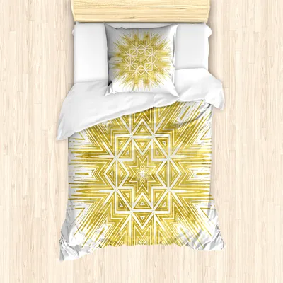 Produktbild von ABAKUHAUS Mandala Mantele, geometrische Vivid, Milbensicher Allergiker geeignet mit Kissenbezügen, 135 cm x 200 cm - 80 x 80 cm, Gelb und Weiß