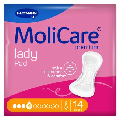 Produktbild von MoliCare lady Pad 4 Tropfen, extra lange Inkontinenzeinlagen für Frauen, geruchsneutralisierend, 14 Stück