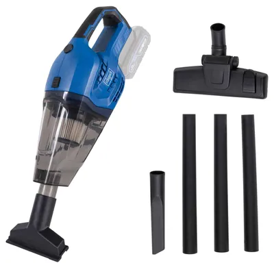 A cordless handheld vacuum cleaner and its accessories are displayed against a white background.