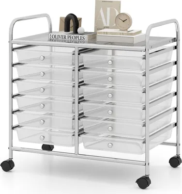 Produktbild von GOPLUS Rollwagen mit 12 Schubladen stapelbar, Rollcontainer mit Ablage & Metallgestell, Badregal, Schubladenwagen, Aufbewahrungswagen, Transparent