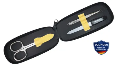 Produktbild von Maniküre-Etui mit Solingen Instrumenten – Nagelschere, Pinzette & Saphirfeile – Echtleder Dollaro Leder –  Germany Gelb