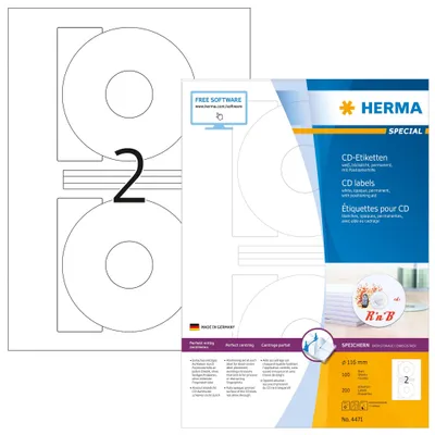 Produktbild von CD-Etiketten A4 weiß Ø 116 mm Papier matt blickdicht 200 St.